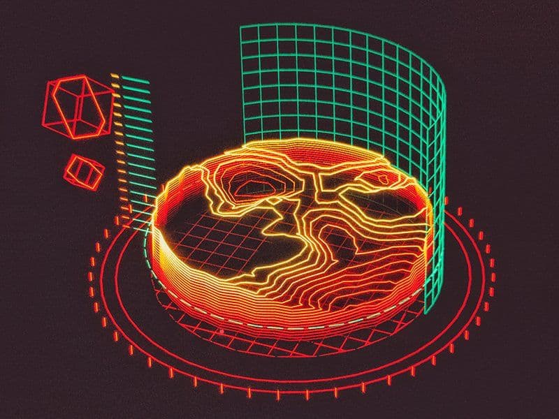 Retro neon wireframe data visualization representing tables in the retro UI kit